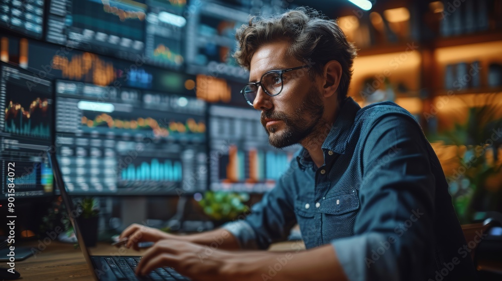 Fototapeta premium Focused Financial Analyst Analyzing Market Data in Modern Office Space During Evening Hours. Generative AI