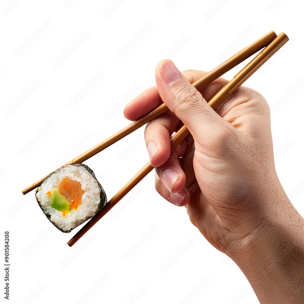 A hand holding sushi with chopsticks, showcasing culinary art and delicious Japanese cuisine, perfect for food enthusiasts. A hand holding sushi with chopsticks, showcasing culinary art and delicious Japanese cuisine, perfect for food enthusiasts.
