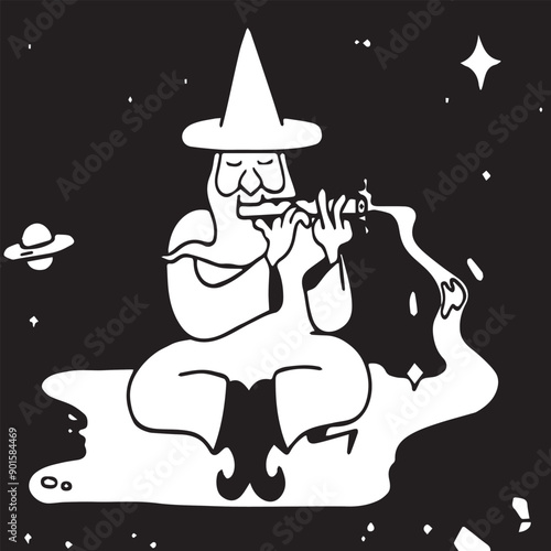 Wizard. Mysterious male wizard in robes writing old vector characters playing the flute while sitting on a cloud in space