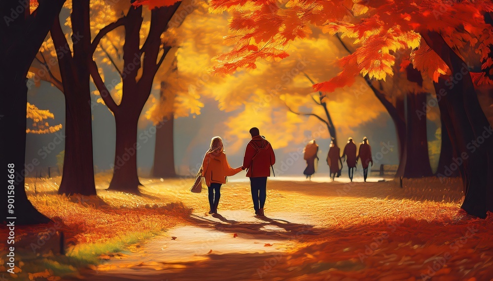 Fototapeta premium Couple strolling hand in hand along a sunny park pathway surrounded by golden autumn leaves