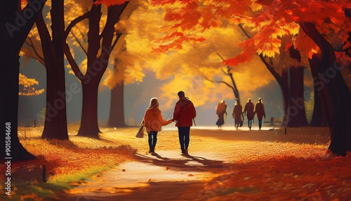 Wallpaper Mural Couple strolling hand in hand along a sunny park pathway surrounded by golden autumn leaves Torontodigital.ca