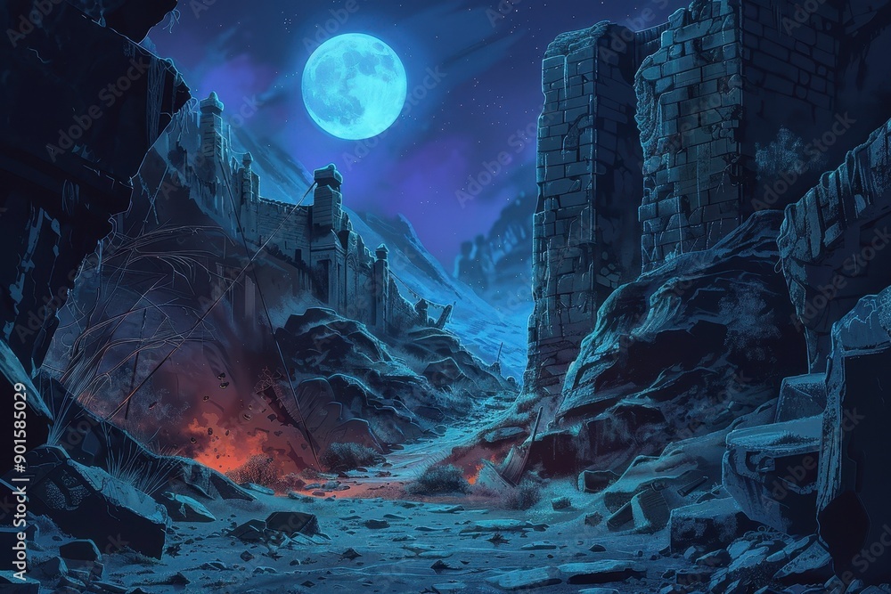 Ancient ruins under the moonlight illuminate the path to adventure and mystery Ancient ruins under the moonlight illuminate the path to adventure and mystery