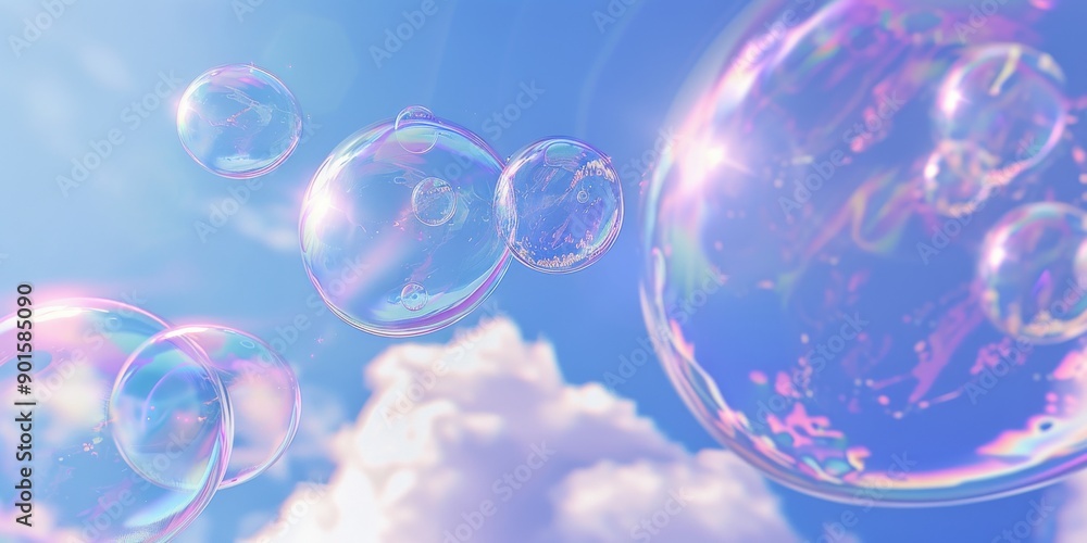 Iridescent soap bubbles against blue sky Iridescent soap bubbles against blue sky