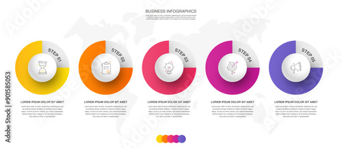 Modern 3D vector illustration. Circular infographic template with five elements. Contains icons and text. Designed for business, presentations, web design, 5-step diagrams.