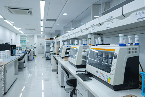 A row of laboratory equipment sits on a white countertop in a sterile lab setting.