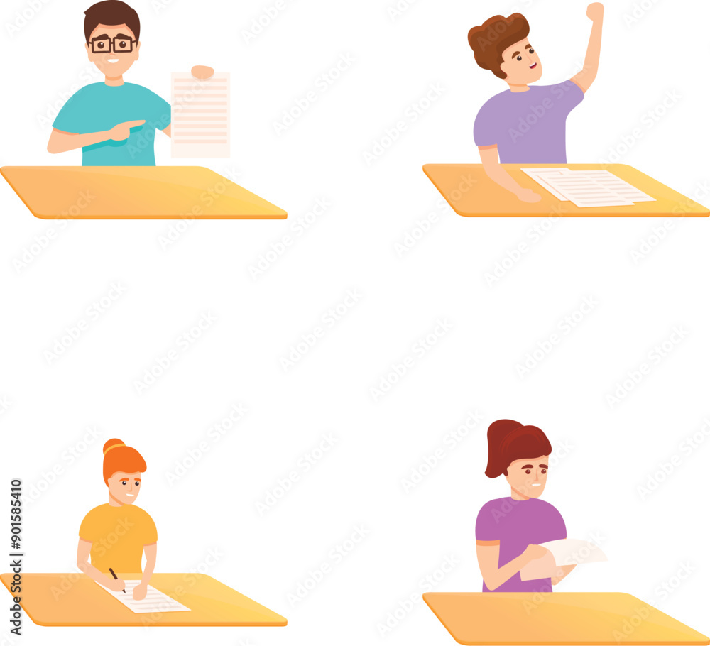 Exam icons set cartoon vector. Young people taking exam. Education, learning Exam icons set cartoon vector. Young people taking exam. Education, learning