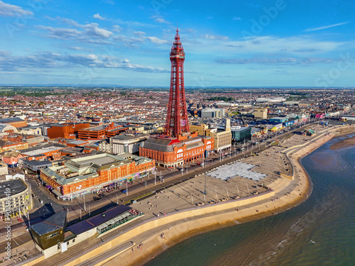 Aerial Image of Blackpool Tower along the Fylde Coast, Lancashire during a lovely Summer evening on the Sea front. 28th July 2024. photo