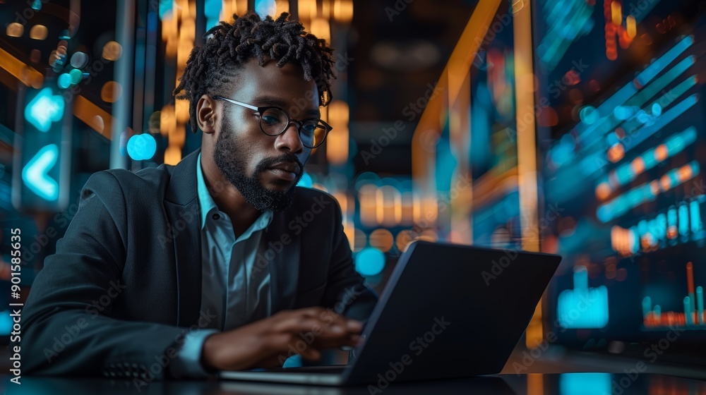 Obraz premium Focused Professional Analyzing Data on Laptop Surrounded by Colorful Digital Displays at Night. Generative AI