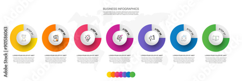 Modern 3D vector illustration. Circular infographic template with seven elements. Contains icons and text. Designed for business, presentations, web design, 7-step diagrams.