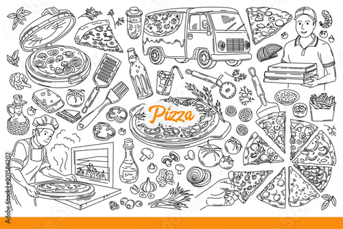Pizza in process of preparation and delivery, near chef and ingredients for recipe. Male courier holds boxes of pizza in hands or bakes dough in stone oven with fire. Hand drawn doodle