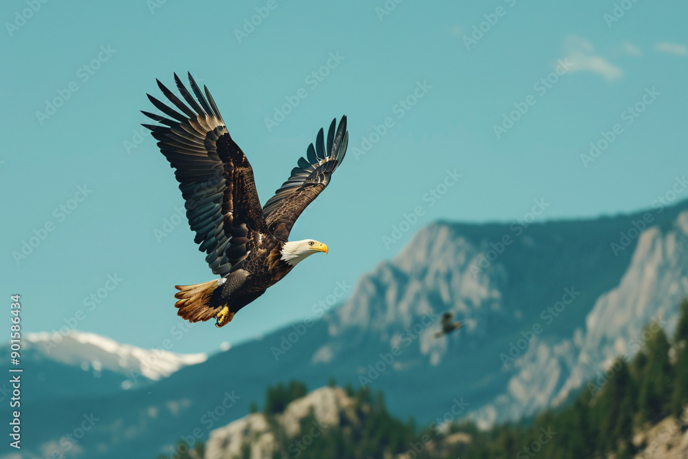 A bald eagle soars through the air with a mountain range in the background. A bald eagle soars through the air with a mountain range in the background.