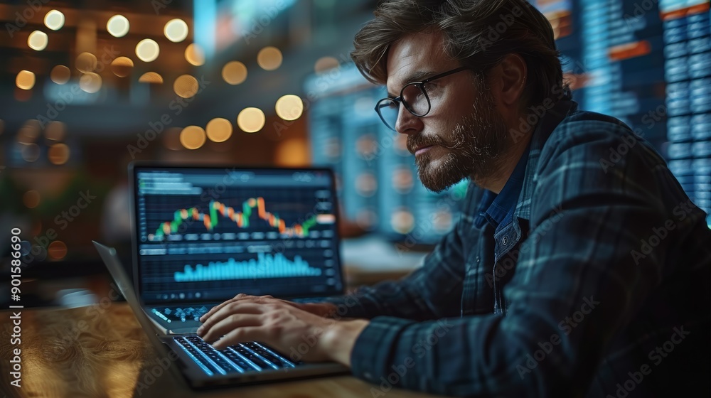 Young Professional Analyzes Financial Data on Laptop in Modern Office During Late Evening Hours. Generative AI Young Professional Analyzes Financial Data on Laptop in Modern Office During Late Evening Hours. Generative AI