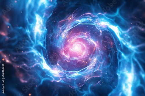 A mesmerizing swirling wormhole in deep space with vibrant cyan and pink energy, representing the vastness of the universe. photo