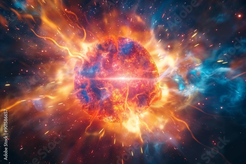 A detailed depiction of an explosive celestial event, showcasing vibrant cosmic energy and dramatic color contrasts.