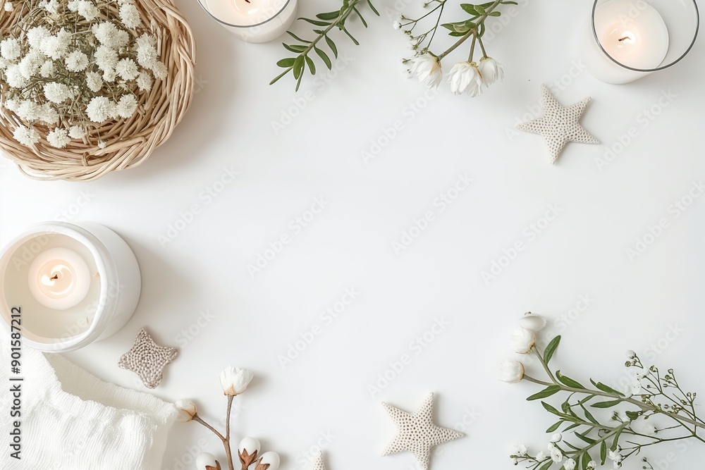 An attractive layout featuring candles, white flowers, and a wicker basket on a white background, ideal for tranquility and charm. An attractive layout featuring candles, white flowers, and a wicker basket on a white background, ideal for tranquility and charm.