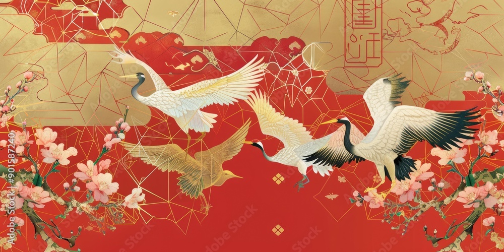 Naklejka premium Red background with cranes and flowers.