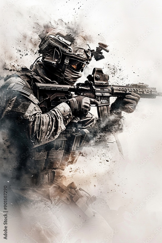 A determined soldier, shrouded in dust, wields an assault rifle in a ...
