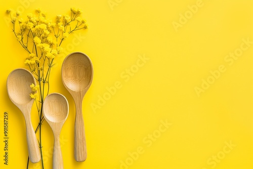 Three wooden spoons arranged with yellow flowers on a vibrant yellow background, combining natural and vibrant elements. photo