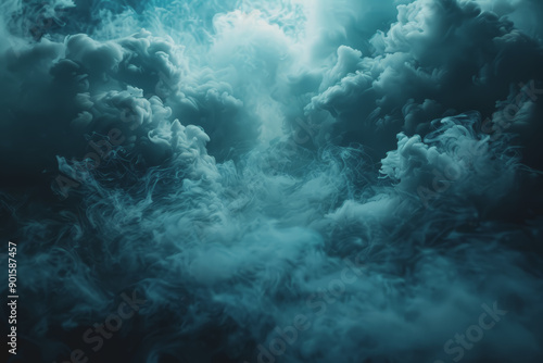 Dynamic smoke clouds are illuminated by a neon turquoise texture. like an underwater scene.