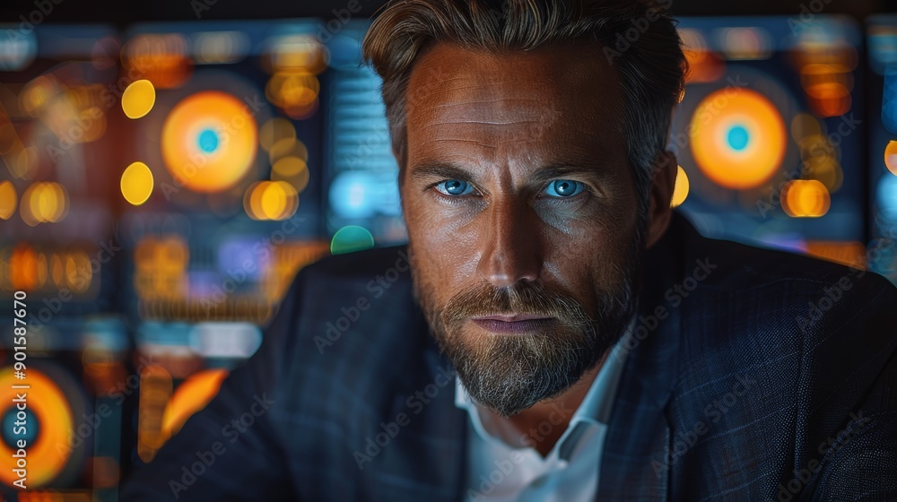 Focused Businessman Analyzing Data Surrounded by Digital Displays in Modern Office Environment. Generative AI Focused Businessman Analyzing Data Surrounded by Digital Displays in Modern Office Environment. Generative AI