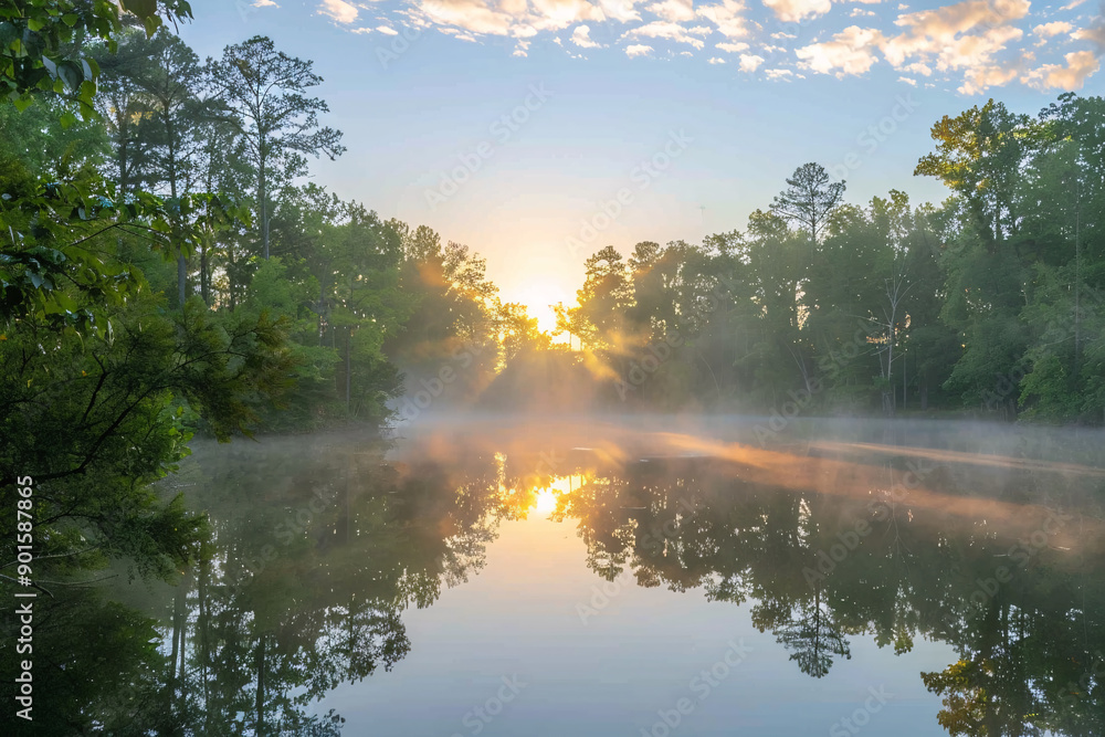 Obraz premium Sunrise over a still lake, with mist rising from the water and trees reflected in the surface.