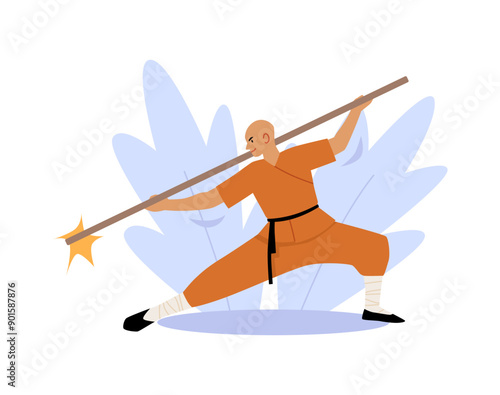 Vector illustration of a wushu master in a traditional kimono with a black belt