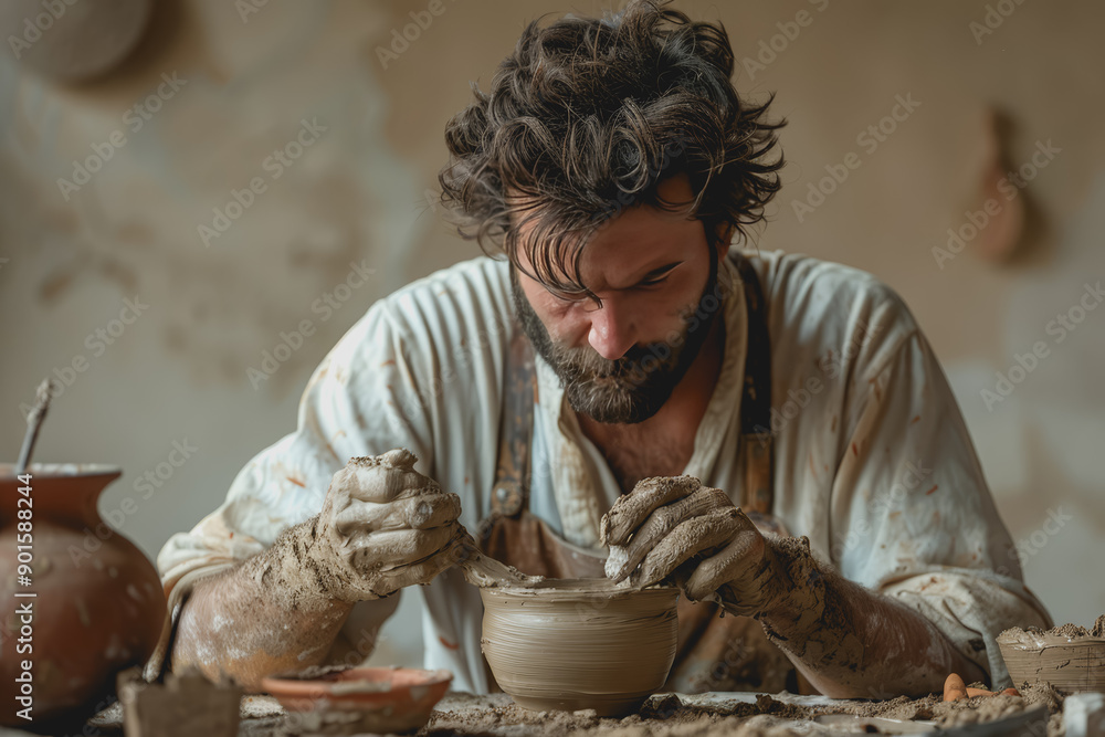 A handsome man sculpting clay with focus and skill against a neutral beige background. A handsome man sculpting clay with focus and skill against a neutral beige background.