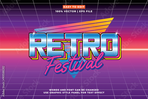 Retro editable text effect style - Retro vintage music party festival 3d cartoon style premium vector