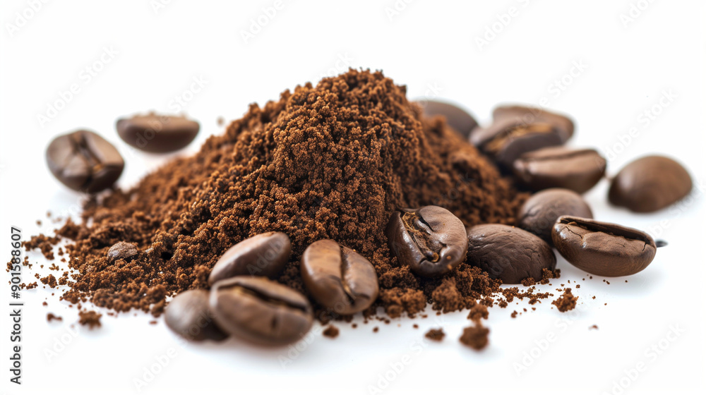 A pile of ground coffee and beans on a white background. A pile of ground coffee and beans on a white background.