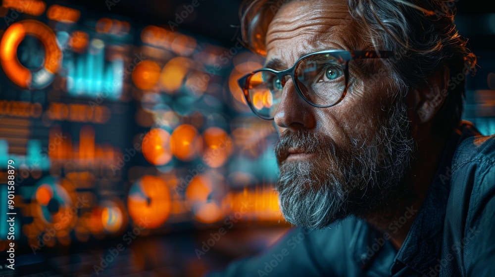 Experienced Data Analyst Analyzing Complex Algorithms in a Modern High-Tech Office at Night. Generative AI Experienced Data Analyst Analyzing Complex Algorithms in a Modern High-Tech Office at Night. Generative AI