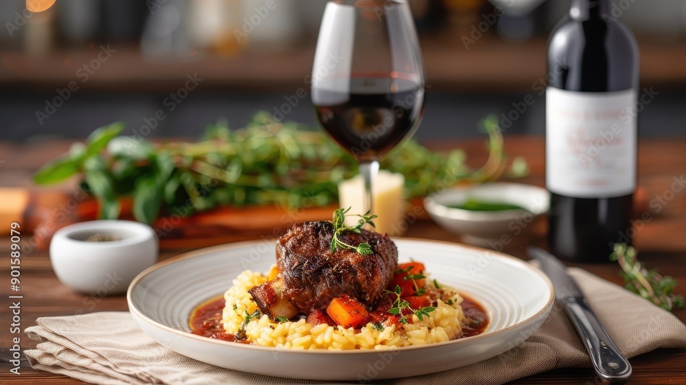A rustic Italian osso buco, braised veal shank in tomato sauce, served with saffron risotto. A rustic Italian osso buco, braised veal shank in tomato sauce, served with saffron risotto.