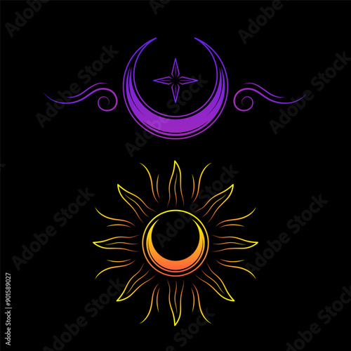 mysterious colorful sun and moon vector design