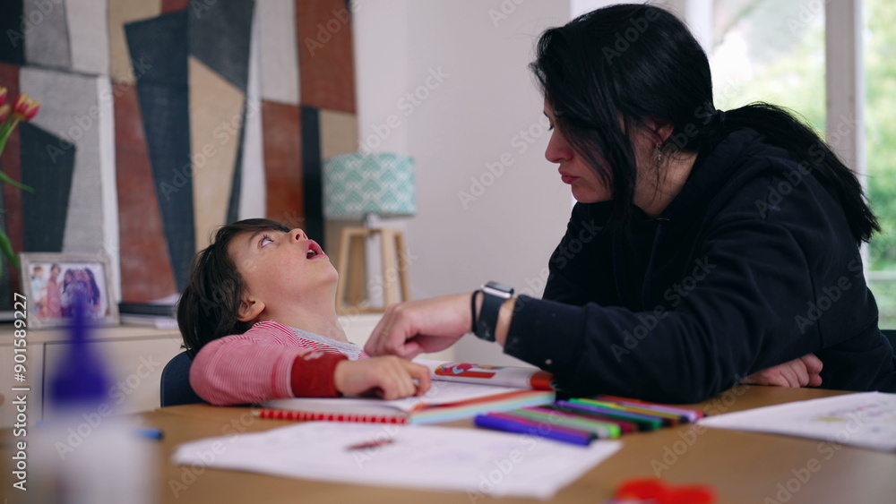 Mother offering guidance while young boy expresses frustration during homework, colorful educational materials on the table, depicting the challenges and support in home learning Mother offering guidance while young boy expresses frustration during homework, colorful educational materials on the table, depicting the challenges and support in home learning