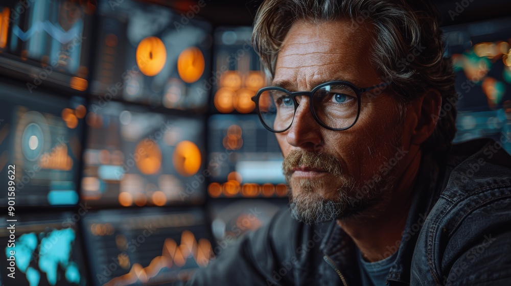Focused Data Analyst Working With Advanced Technology in a Control Room at Night. Generative AI Focused Data Analyst Working With Advanced Technology in a Control Room at Night. Generative AI