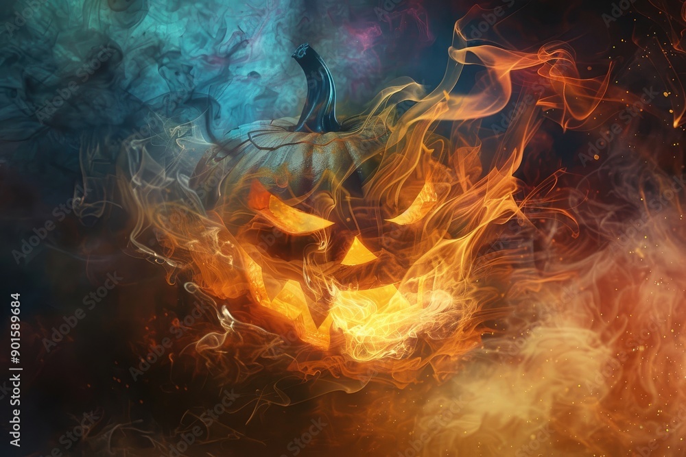 Fototapeta premium Swirling, colorful mist forming the shape of a jack - o' - lantern