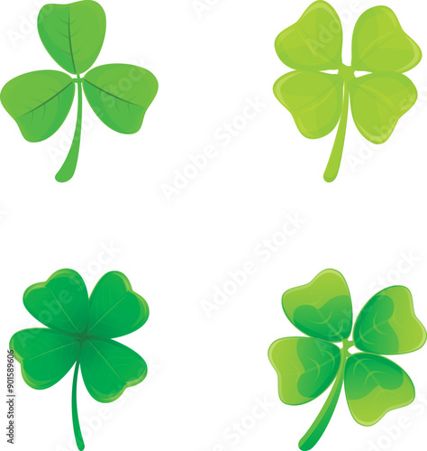 Various clover icons set cartoon vector. Green clover with four leaf. Plant, nature concept