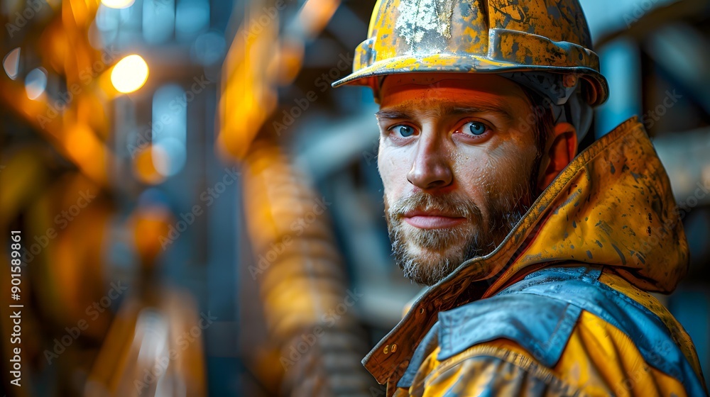 A rugged construction worker with a helmet stares intently, surrounded by industrial machinery ideal for themes of labor, industry, and safety, A rugged construction worker with a helmet stares intently, surrounded by industrial machinery ideal for themes of labor, industry, and safety,