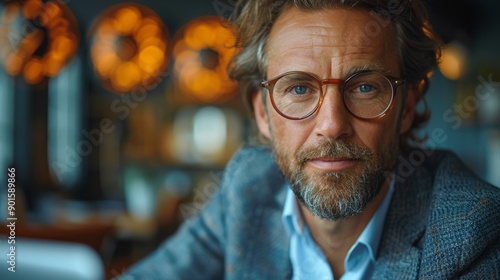 Thoughtful Man With Glasses in Stylish Cafe Setting During Evening Hours. Generative AI