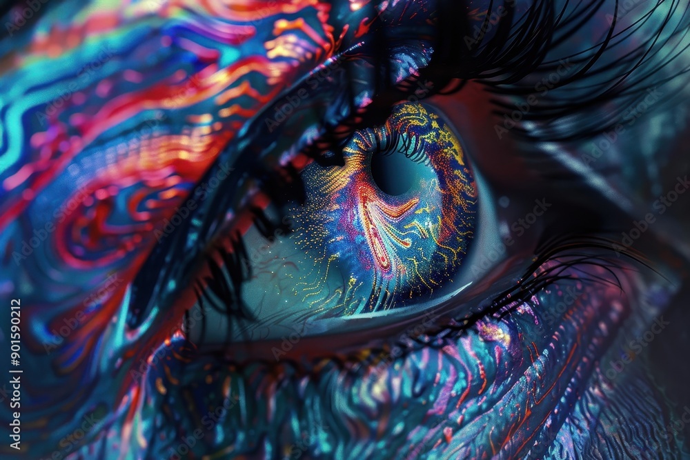 Naklejka premium A holographic eye, with the iris made of swirling, colorful patterns