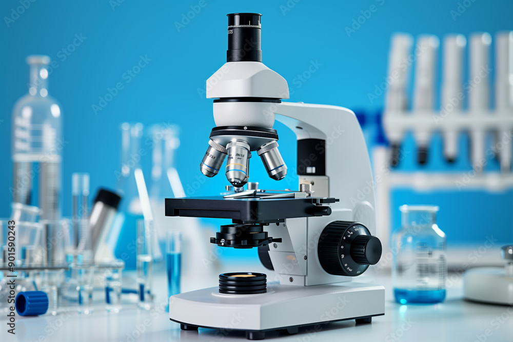 Microscope set against a backdrop of laboratory equipment and test tubes, with a blue background. Microscope set against a backdrop of laboratory equipment and test tubes, with a blue background.