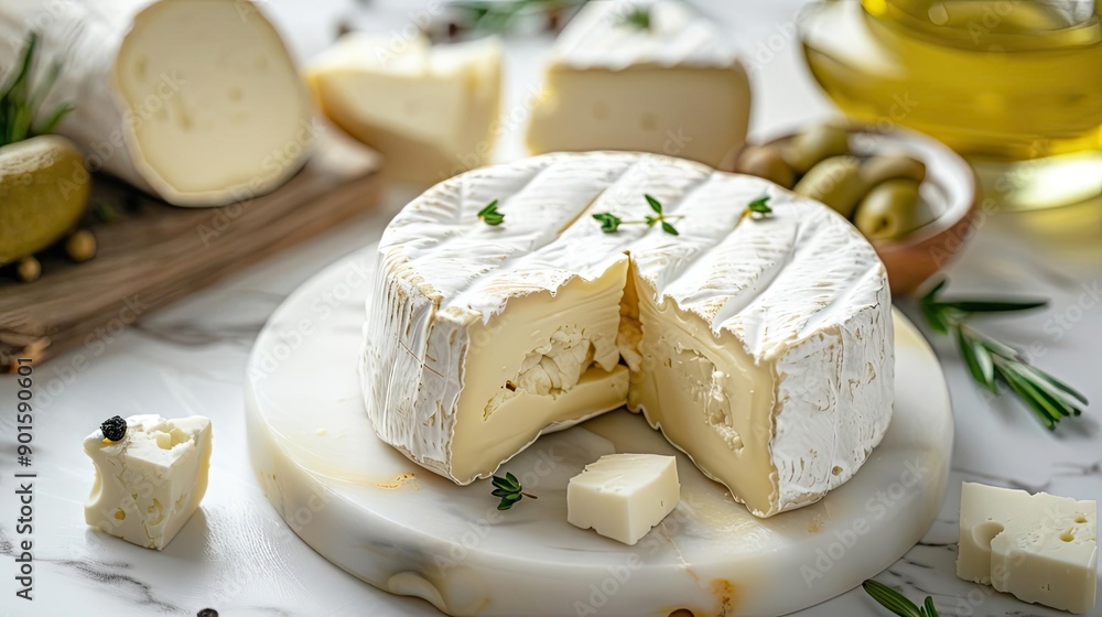 Delicious round cheese on a marble platter, garnished with fresh herbs. Sliced cheese and olives in the background. Delicious round cheese on a marble platter, garnished with fresh herbs. Sliced cheese and olives in the background.