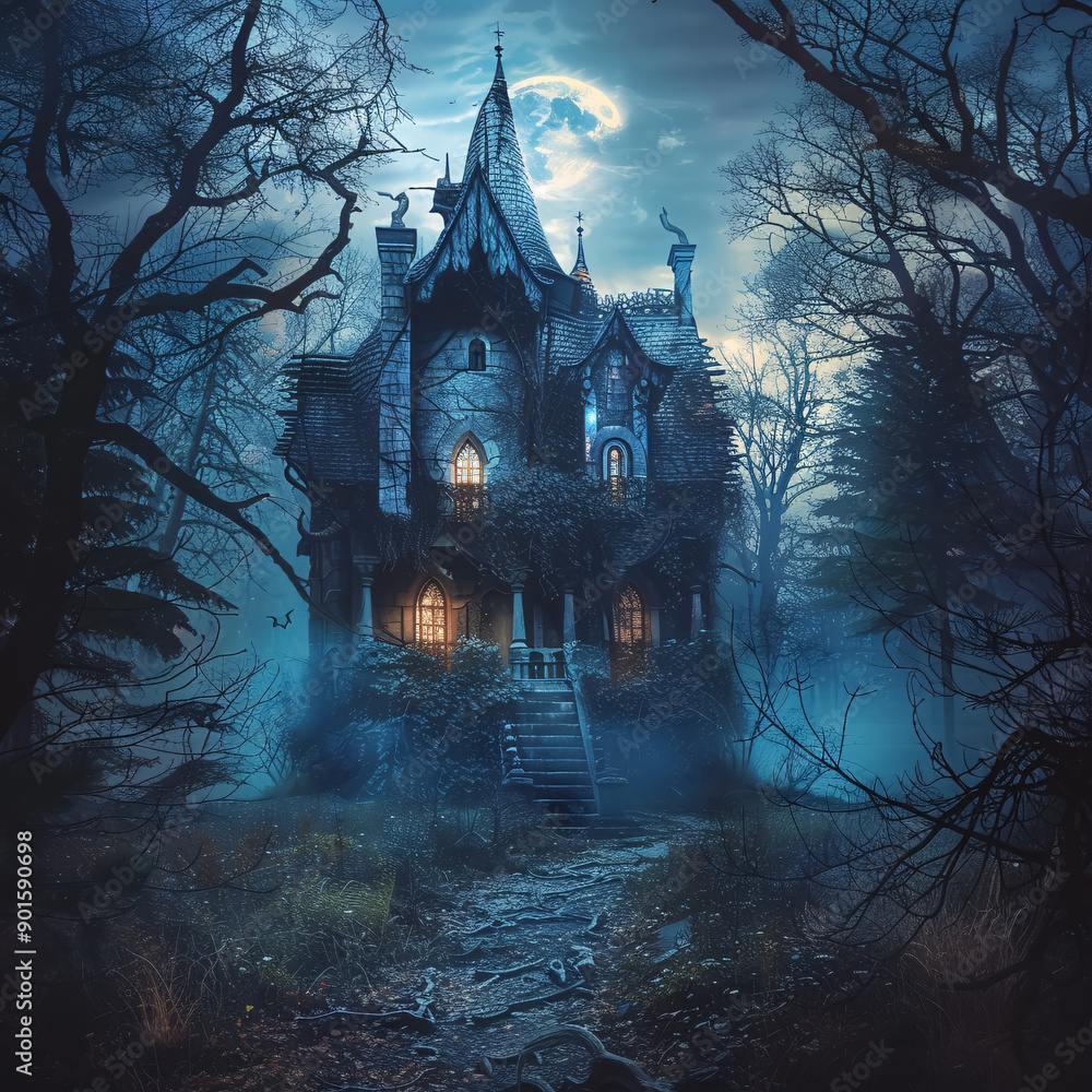 A haunted house stands eerily in a dark forest on a spooky Halloween night. A haunted house stands eerily in a dark forest on a spooky Halloween night.