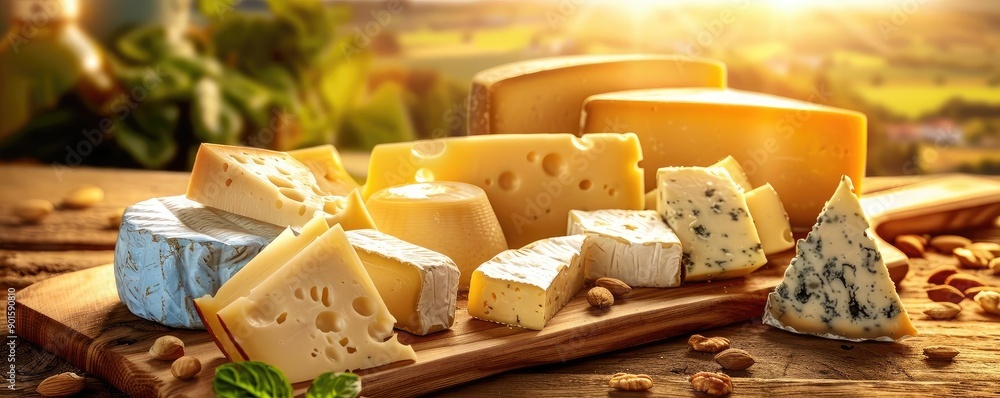A delicious assortment of gourmet cheeses displayed on a wooden board, with a scenic countryside backdrop and warm sunset lighting. A delicious assortment of gourmet cheeses displayed on a wooden board, with a scenic countryside backdrop and warm sunset lighting.