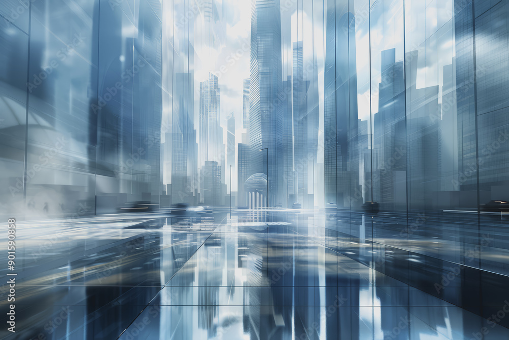 Futuristic city with blurry moving glass buildings and skyscrapers. Use a white and blue theme.