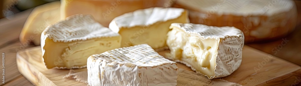 Assorted soft cheeses on a wooden board. Varieties of creamy, ripe cheese make an elegant presentation for gourmet enthusiasts and connoisseurs. Assorted soft cheeses on a wooden board. Varieties of creamy, ripe cheese make an elegant presentation for gourmet enthusiasts and connoisseurs.