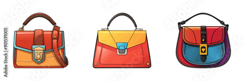 Illustration of three colorful handbags with modern designs and unique color combinations. Vector illustration.