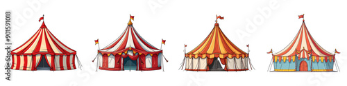 Illustrations of various circus tents with red and white stripes. Great for entertainment and carnival themes. Vector illustration.