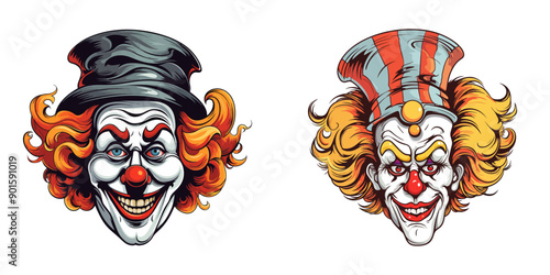 Illustration of two creepy clowns with vibrant makeup and exaggerated features. Vector illustration.