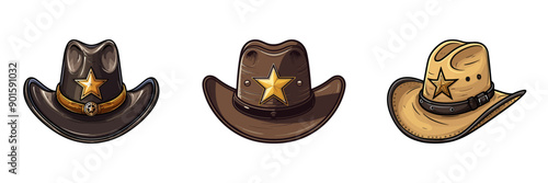 Vector illustration of three cowboy hats with sheriff stars in different styles and colors.