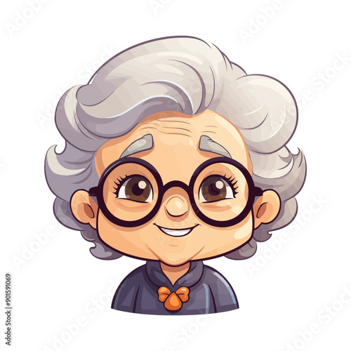 Cheerful cartoon vector illustration of a happy grandmother with glasses and a bow.